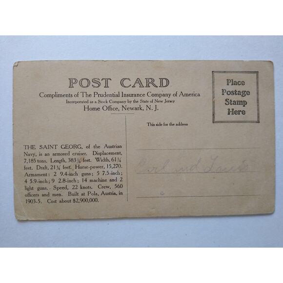 Ship Boat Postcard Austrian Cruiser Saint Georg Steamboat Steamer Prudential - Picture 3 of 3